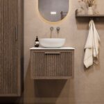 Wandhängendes Badezimmermöbel 60 cm aus dunkler Eiche mit eine Schublade und weißes Solid-Surface-Aufsatzbecken