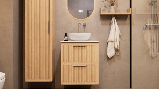 Wandhängendes Badezimmermöbel 60 cm aus Natureiche mit zwei Schubladen und weißes Solid-Surface-Aufsatzbecken (stilvoll)