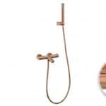 Thermostatische Bad-/Duscharmatur in Gebürstetes Kupfer, geliefert als Komplettset mit Handbrause, Brauseschlauch und Wandhalter. Mit 5 Jahren Garantie und in 6 Farben erhältlich. Charakteristisch für die Toscana Serie ist das gedrehte Relief an der Bedie