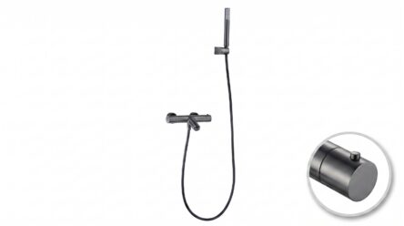 Moderne thermostatische Bad-/Duscharmatur in Black Gun Metal mit langlebiger PVD-Beschichtung. Geliefert als Komplettset mit Handbrause, Brauseschlauch und Wandhalter. Erhältlich in 6 Farben.