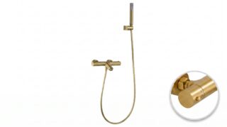 Luxuriöse thermostatische Bad-/Duscharmatur in gebürstetem Gold mit langlebiger PVD-Beschichtung. Geliefert als Komplettset mit Handbrause, Brauseschlauch und Wandhalter. Erhältlich in 6 Farben.