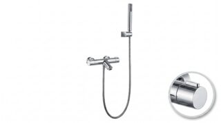 Moderne thermostatische Bad-/Duscharmatur in Chrom, geliefert als Komplettset mit Handbrause, Brauseschlauch und Wandhalter. Teil der Riva Bella Serie, erhältlich in 6 Farben und sofort ab Lager lieferbar.