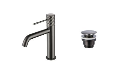 Moderne niedrige Waschtischarmatur in Black Gun Metal, passend für Badmöbel mit Waschtisch, als Komplettset inklusive passendem Click-Clack-Verschluss mit langlebiger PVD-Beschichtung. Der Click-Clack-Verschluss lässt sich durch Drücken einfach öffnen und