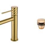 Moderne niedrige Waschtischarmatur in Gebürstetes Gold, passend für Badmöbel mit Waschtisch, als Komplettset inklusive passendem Click-Clack-Verschluss mit langlebiger PVD-Beschichtung. Der Click-Clack-Verschluss lässt sich durch Drücken einfach öffnen un