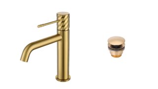 Moderne niedrige Waschtischarmatur in Gebürstetes Gold, passend für Badmöbel mit Waschtisch, als Komplettset inklusive passendem Click-Clack-Verschluss mit langlebiger PVD-Beschichtung. Der Click-Clack-Verschluss lässt sich durch Drücken einfach öffnen un
