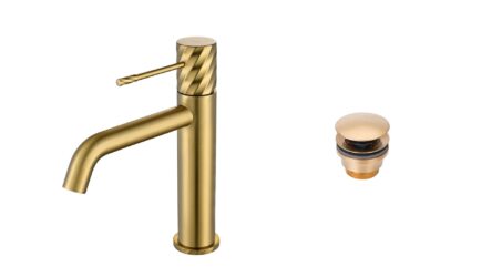 Moderne niedrige Waschtischarmatur in Gebürstetes Gold, passend für Badmöbel mit Waschtisch, als Komplettset inklusive passendem Click-Clack-Verschluss mit langlebiger PVD-Beschichtung. Der Click-Clack-Verschluss lässt sich durch Drücken einfach öffnen un