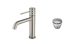 Moderne niedrige Waschtischarmatur in Gebürstetes Nickel, passend für Badmöbel mit Waschtisch, als Komplettset inklusive passendem Click-Clack-Verschluss Der Click-Clack-Verschluss lässt sich durch Drücken einfach öffnen und schließen. Mit 5 Jahren Garant