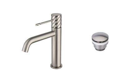 Moderne niedrige Waschtischarmatur in Gebürstetes Nickel, passend für Badmöbel mit Waschtisch, als Komplettset inklusive passendem Click-Clack-Verschluss Der Click-Clack-Verschluss lässt sich durch Drücken einfach öffnen und schließen. Mit 5 Jahren Garant
