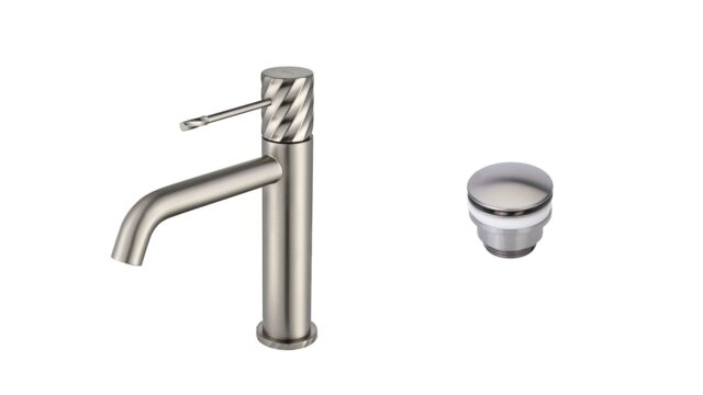 Moderne niedrige Waschtischarmatur in Gebürstetes Nickel, passend für Badmöbel mit Waschtisch, als Komplettset inklusive passendem Click-Clack-Verschluss Der Click-Clack-Verschluss lässt sich durch Drücken einfach öffnen und schließen. Mit 5 Jahren Garant