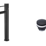 Moderne erhöhte Waschtischarmatur in Schwarz, ideal für Badmöbel mit Aufsatzwaschbecken, als Komplettset inklusive passendem Click-Clack-Verschluss Der Click-Clack-Verschluss lässt sich durch Drücken einfach öffnen und schließen. Mit 5 Jahren Garantie und