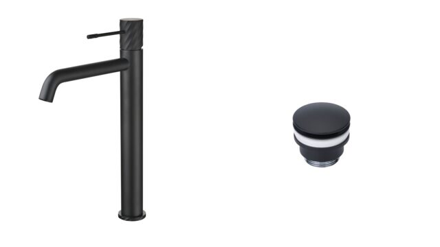 Moderne erhöhte Waschtischarmatur in Schwarz, ideal für Badmöbel mit Aufsatzwaschbecken, als Komplettset inklusive passendem Click-Clack-Verschluss Der Click-Clack-Verschluss lässt sich durch Drücken einfach öffnen und schließen. Mit 5 Jahren Garantie und