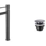 Moderne erhöhte Waschtischarmatur in Black Gun Metal, ideal für Badmöbel mit Aufsatzwaschbecken, als Komplettset inklusive passendem Click-Clack-Verschluss mit langlebiger PVD-Beschichtung. Der Click-Clack-Verschluss lässt sich durch Drücken einfach öffne