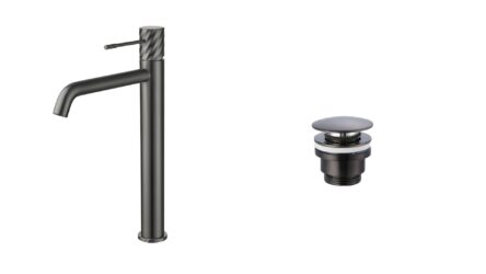 Moderne erhöhte Waschtischarmatur in Black Gun Metal, ideal für Badmöbel mit Aufsatzwaschbecken, als Komplettset inklusive passendem Click-Clack-Verschluss mit langlebiger PVD-Beschichtung. Der Click-Clack-Verschluss lässt sich durch Drücken einfach öffne