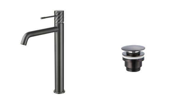 Moderne erhöhte Waschtischarmatur in Black Gun Metal, ideal für Badmöbel mit Aufsatzwaschbecken, als Komplettset inklusive passendem Click-Clack-Verschluss mit langlebiger PVD-Beschichtung. Der Click-Clack-Verschluss lässt sich durch Drücken einfach öffne