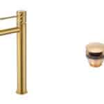 Moderne erhöhte Waschtischarmatur in Gebürstetes Gold, ideal für Badmöbel mit Aufsatzwaschbecken, als Komplettset inklusive passendem Click-Clack-Verschluss mit langlebiger PVD-Beschichtung. Der Click-Clack-Verschluss lässt sich durch Drücken einfach öffn