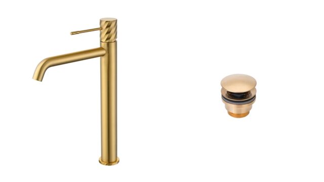 Moderne erhöhte Waschtischarmatur in Gebürstetes Gold, ideal für Badmöbel mit Aufsatzwaschbecken, als Komplettset inklusive passendem Click-Clack-Verschluss mit langlebiger PVD-Beschichtung. Der Click-Clack-Verschluss lässt sich durch Drücken einfach öffn