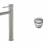 Moderne erhöhte Waschtischarmatur in Gebürstetes Nickel, ideal für Badmöbel mit Aufsatzwaschbecken, als Komplettset inklusive passendem Click-Clack-Verschluss Der Click-Clack-Verschluss lässt sich durch Drücken einfach öffnen und schließen. Mit 5 Jahren G