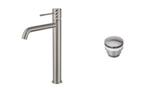Moderne erhöhte Waschtischarmatur in Gebürstetes Nickel, ideal für Badmöbel mit Aufsatzwaschbecken, als Komplettset inklusive passendem Click-Clack-Verschluss Der Click-Clack-Verschluss lässt sich durch Drücken einfach öffnen und schließen. Mit 5 Jahren G