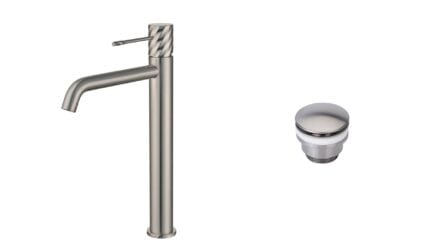 Moderne erhöhte Waschtischarmatur in Gebürstetes Nickel, ideal für Badmöbel mit Aufsatzwaschbecken, als Komplettset inklusive passendem Click-Clack-Verschluss Der Click-Clack-Verschluss lässt sich durch Drücken einfach öffnen und schließen. Mit 5 Jahren G