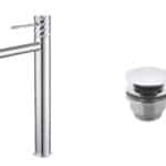 Moderne erhöhte Waschtischarmatur in Chrom, ideal für Badmöbel mit Aufsatzwaschbecken, als Komplettset inklusive passendem Click-Clack-Verschluss. Der Click-Clack-Verschluss lässt sich durch Drücken einfach öffnen und schließen. Mit 5 Jahren Garantie und