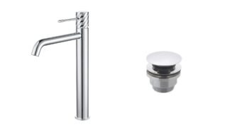 Moderne erhöhte Waschtischarmatur in Chrom, ideal für Badmöbel mit Aufsatzwaschbecken, als Komplettset inklusive passendem Click-Clack-Verschluss. Der Click-Clack-Verschluss lässt sich durch Drücken einfach öffnen und schließen. Mit 5 Jahren Garantie und