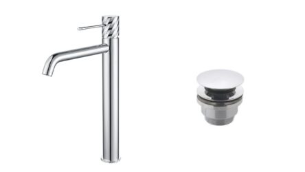 Moderne erhöhte Waschtischarmatur in Chrom, ideal für Badmöbel mit Aufsatzwaschbecken, als Komplettset inklusive passendem Click-Clack-Verschluss. Der Click-Clack-Verschluss lässt sich durch Drücken einfach öffnen und schließen. Mit 5 Jahren Garantie und