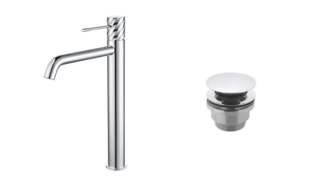 Moderne erhöhte Waschtischarmatur in Chrom, ideal für Badmöbel mit Aufsatzwaschbecken, als Komplettset inklusive passendem Click-Clack-Verschluss. Der Click-Clack-Verschluss lässt sich durch Drücken einfach öffnen und schließen. Mit 5 Jahren Garantie und