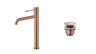 Moderne erhöhte Waschtischarmatur in Gebürstetes Kupfer, ideal für Badmöbel mit Aufsatzwaschbecken, als Komplettset inklusive passendem Click-Clack-Verschluss mit langlebiger PVD-Beschichtung. Der Click-Clack-Verschluss lässt sich durch Drücken einfach öf