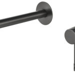 Moderne Waschtischarmatur Wandmontage in Black Gun Metal, für die Montage über Waschtisch oder Aufsatzwaschbecken, als Komplettset inklusive passendem Click-Clack-Verschluss mit langlebiger PVD-Beschichtung. Der Click-Clack-Verschluss lässt sich durch Drü