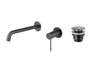 Moderne Waschtischarmatur Wandmontage in Black Gun Metal, für die Montage über Waschtisch oder Aufsatzwaschbecken, als Komplettset inklusive passendem Click-Clack-Verschluss mit langlebiger PVD-Beschichtung. Der Click-Clack-Verschluss lässt sich durch Drü