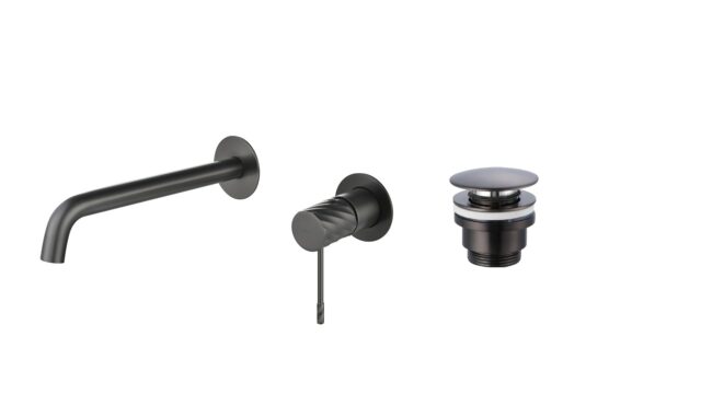 Moderne Waschtischarmatur Wandmontage in Black Gun Metal, für die Montage über Waschtisch oder Aufsatzwaschbecken, als Komplettset inklusive passendem Click-Clack-Verschluss mit langlebiger PVD-Beschichtung. Der Click-Clack-Verschluss lässt sich durch Drü