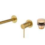 Moderne Waschtischarmatur Wandmontage in Gebürstetes Gold, für die Montage über Waschtisch oder Aufsatzwaschbecken, als Komplettset inklusive passendem Click-Clack-Verschluss mit langlebiger PVD-Beschichtung. Der Click-Clack-Verschluss lässt sich durch Dr