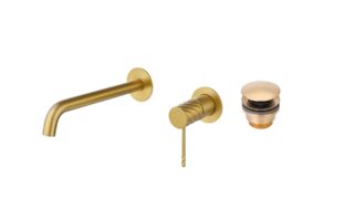 Moderne Waschtischarmatur Wandmontage in Gebürstetes Gold, für die Montage über Waschtisch oder Aufsatzwaschbecken, als Komplettset inklusive passendem Click-Clack-Verschluss mit langlebiger PVD-Beschichtung. Der Click-Clack-Verschluss lässt sich durch Dr