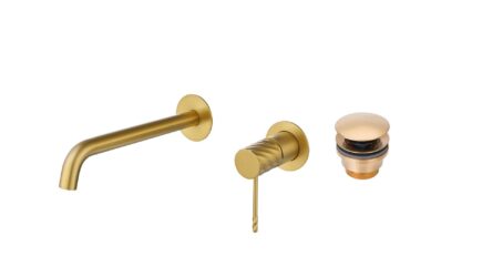 Moderne Waschtischarmatur Wandmontage in Gebürstetes Gold, für die Montage über Waschtisch oder Aufsatzwaschbecken, als Komplettset inklusive passendem Click-Clack-Verschluss mit langlebiger PVD-Beschichtung. Der Click-Clack-Verschluss lässt sich durch Dr