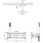 Stilvolles thermostatisches Unterputz-Duschsystem in gebürstetem Kupfer mit PVD-Beschichtung, einer Kopfbrause von Ø25 cm und einer separaten Handbrause. Ausgeführt mit Deckenmontage. Erhältlich in 5 Farben und geliefert mit 5 Jahren Garantie.