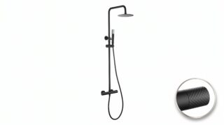 Stilvolles Aufputz-Duschsystem in Mattschwarz, thermostatischer Duscharmatur und Kopfbrause Ø20 cm. Inklusive verstellbarer Handbrause. Erhältlich in 5 Farben und mit 5 Jahren Garantie.