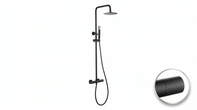 Stilvolles Aufputz-Duschsystem in Mattschwarz, thermostatischer Duscharmatur und Kopfbrause Ø20 cm. Inklusive verstellbarer Handbrause. Erhältlich in 5 Farben und mit 5 Jahren Garantie.