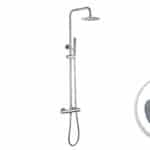 Modernes Aufputz-Duschsystem in Chrom mit thermostatischer Duscharmatur, Kopfbrause Ø20 cm und höhenverstellbarer Handbrause. Erhältlich in 5 Farben und mit 5 Jahren Garantie.