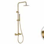 Luxuriöses Aufputz-Duschsystem in gebürstetem Gold mit PVD-Beschichtung, thermostatischer Duscharmatur und Kopfbrause Ø20 cm. Inklusive Handbrause. Erhältlich in 6 Farben und mit 5 Jahren Garantie. Charakteristisch für die Toscana Serie ist das gedrehte R