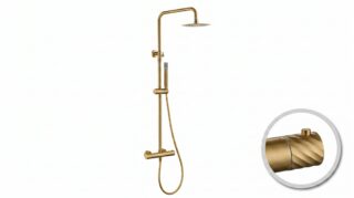 Luxuriöses Aufputz-Duschsystem in gebürstetem Gold mit PVD-Beschichtung, thermostatischer Duscharmatur und Kopfbrause Ø20 cm. Inklusive Handbrause. Erhältlich in 6 Farben und mit 5 Jahren Garantie. Charakteristisch für die Toscana Serie ist das gedrehte R