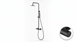 Stilvolles Aufputz-Duschsystem in Mattschwarz, thermostatischer Duscharmatur und Kopfbrause Ø20 cm. Inklusive verstellbarer Handbrause. Erhältlich in 6 Farben und mit 5 Jahren Garantie.
