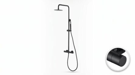 Stilvolles Aufputz-Duschsystem in Mattschwarz, thermostatischer Duscharmatur und Kopfbrause Ø20 cm. Inklusive verstellbarer Handbrause. Erhältlich in 6 Farben und mit 5 Jahren Garantie.