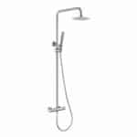 Modernes Aufputz-Duschsystem in gebürstetem Nickel, thermostatischer Duscharmatur und Kopfbrause Ø20 cm. Inklusive verstellbarer Handbrause. Erhältlich in 6 Farben und mit 5 Jahren Garantie.
