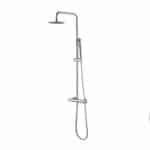 Modernes Aufputz-Duschsystem in Chrom mit thermostatischer Duscharmatur, Kopfbrause Ø20 cm und höhenverstellbarer Handbrause. Erhältlich in 6 Farben und mit 5 Jahren Garantie.