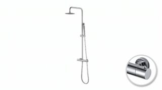 Modernes Aufputz-Duschsystem in Chrom mit thermostatischer Duscharmatur, Kopfbrause Ø20 cm und höhenverstellbarer Handbrause. Erhältlich in 6 Farben und mit 5 Jahren Garantie.