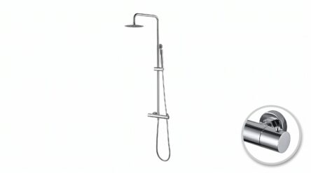 Modernes Aufputz-Duschsystem in Chrom mit thermostatischer Duscharmatur, Kopfbrause Ø20 cm und höhenverstellbarer Handbrause. Erhältlich in 6 Farben und mit 5 Jahren Garantie.