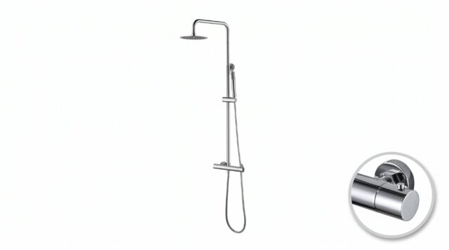 Modernes Aufputz-Duschsystem in Chrom mit thermostatischer Duscharmatur, Kopfbrause Ø20 cm und höhenverstellbarer Handbrause. Erhältlich in 6 Farben und mit 5 Jahren Garantie.