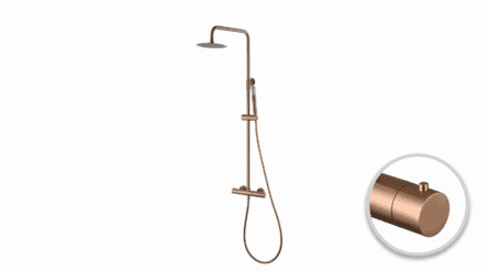 Stilvolles Aufputz-Duschsystem in gebürstetem Kupfer mit PVD-Beschichtung, thermostatischer Duscharmatur und Kopfbrause Ø20 cm. Inklusive verstellbarer Handbrause. Erhältlich in 6 Farben und mit 5 Jahren Garantie.