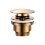 Moderne niedrige Waschtischarmatur in Gebürstetes Gold, passend für Badmöbel mit Waschtisch, als Komplettset inklusive passendem Click-Clack-Verschluss mit langlebiger PVD-Beschichtung. Der Click-Clack-Verschluss lässt sich durch Drücken einfach öffnen un