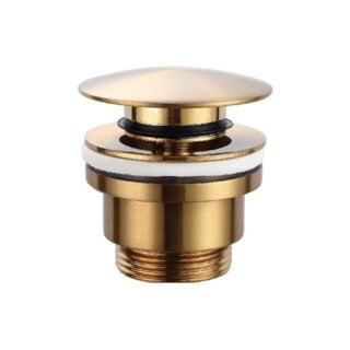 Moderne niedrige Waschtischarmatur in Gebürstetes Gold, passend für Badmöbel mit Waschtisch, als Komplettset inklusive passendem Click-Clack-Verschluss mit langlebiger PVD-Beschichtung. Der Click-Clack-Verschluss lässt sich durch Drücken einfach öffnen un